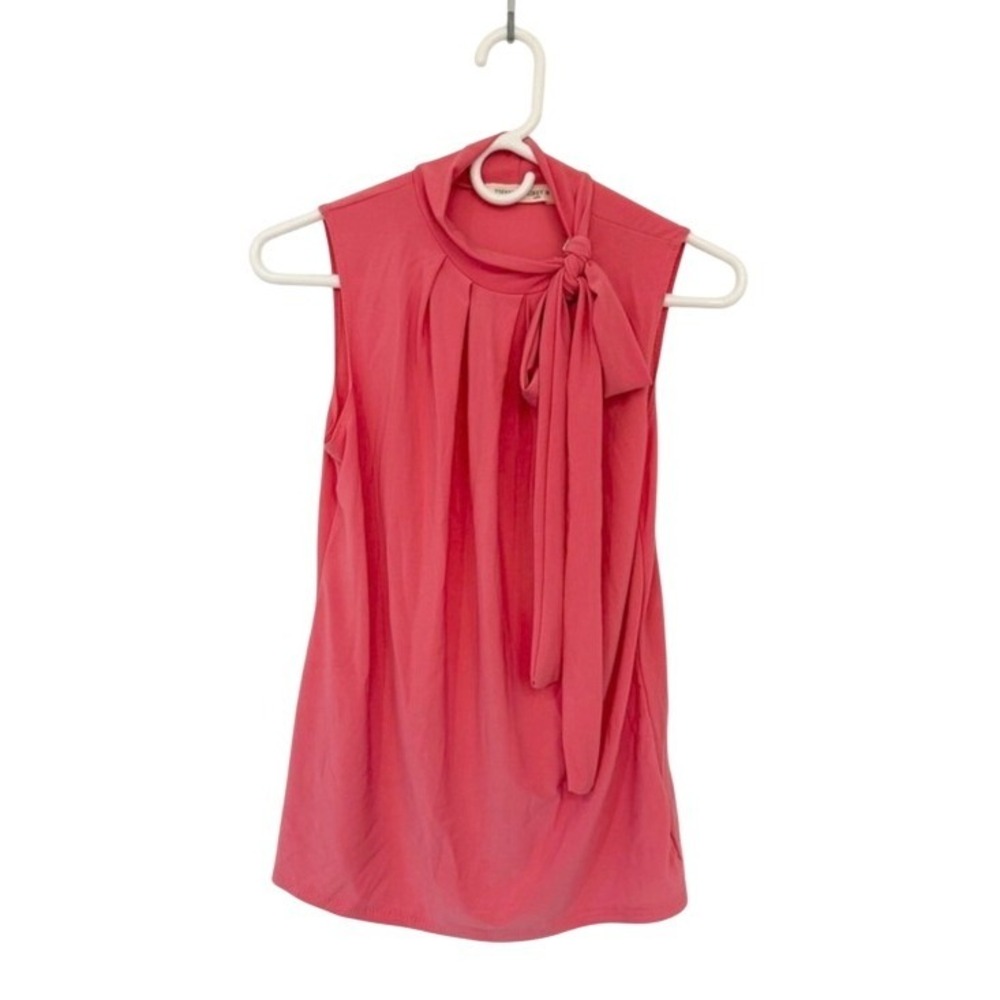 Tiffany & Grey Petite Small Coral Pink Tie Neck Sleeveless Blouse Office Chic
